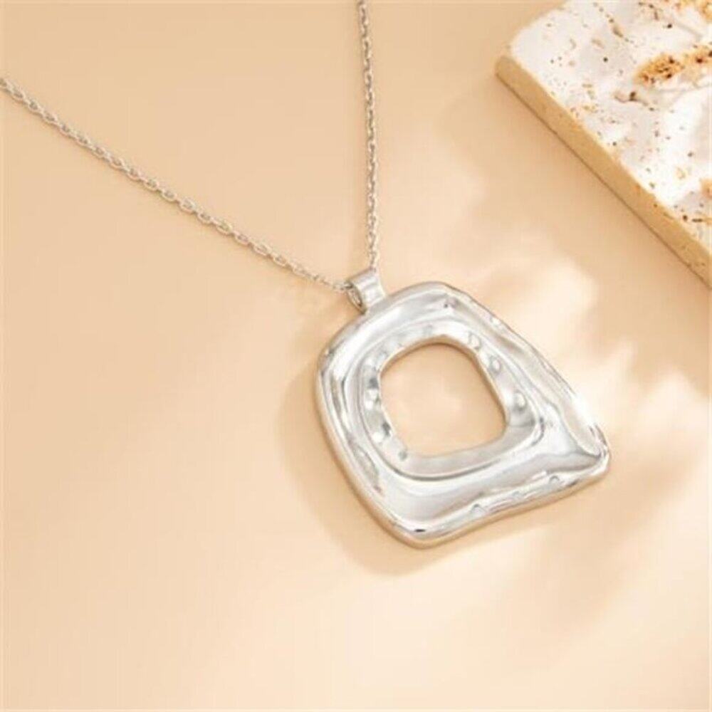 Chunky Silver Tone Necklace Boho Geometric Hollow Square Pendant Rope Chain